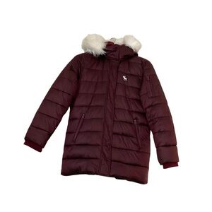 Abercombie & Fitch Girl Puffer Jacket 13/14 Burgundy Coat Parka Hood Metallic